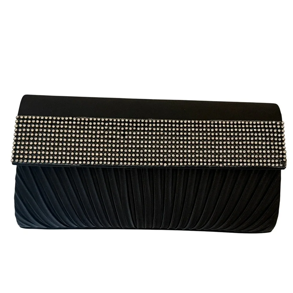 Vintage Evening Clutch Women‎ Black Rhinestone Pleated Satin Chain Strap Regency